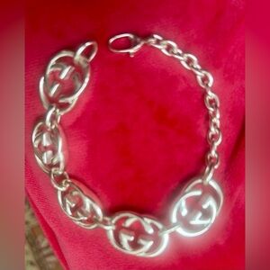 Gucci Interlocking GG Sterling Silver Bracelet with box and Gucci pouch.